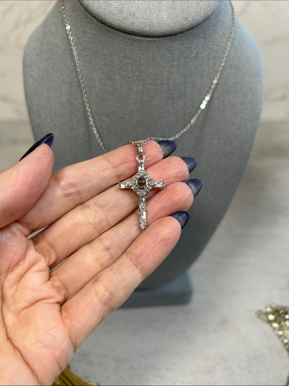 Silver Projector Crystal Cross Pendant Necklace - Silver - Picture 6 of 7